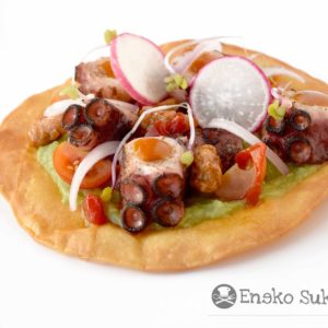 Taco de pulpo y guacamole con salsa de alegrías riojanas y miel - Receta - Eneko sukaldari